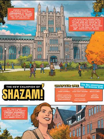 page from a comic strip featuring Mary Marvel as a Vassar student and Thompson Library.