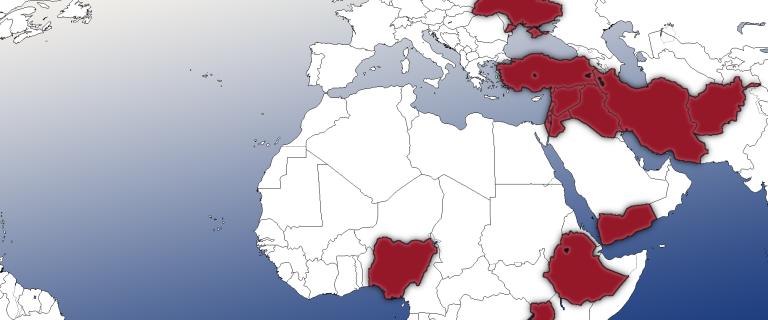 A graphic of a world map with selected countries highlighted.