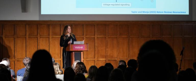 Dr. Michelle Monje ’98, a person with long blond hair and a dark dress, stands in an auditorium giving a presentation. A slide is visible behind her.