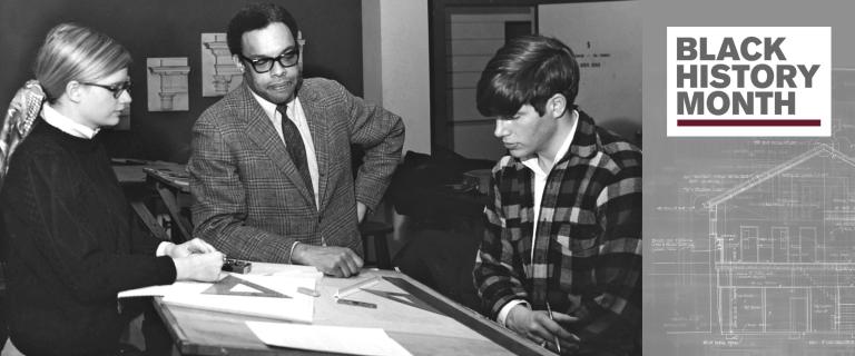 Photo collage with graphics of three people standing and looking at blueprint with a text box that reads: Black History Month.