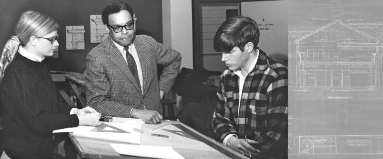 Photo collage with graphics of three people standing and looking at blueprint with a text box that reads: Black History Month.