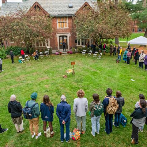 About 50 members of the Vassar community attended the dedication of the labyrinth outside Pratt House.