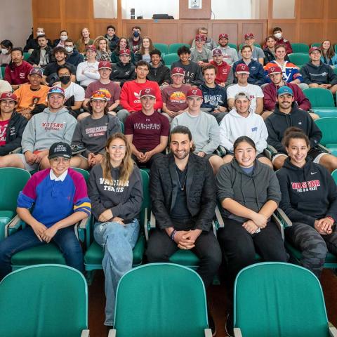 Bryan Ruby ’19 (center, front row) addressed more than 75 students, faculty and staff, including members of the baseball team.