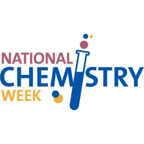 A logo for National Chemistry Week, in which the “i” in “Chemistry” is a test tube.