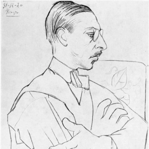 A line drawing of Igor Stravinsky, a person with short, straight-combed hair, glasses, a mustache, and formal clothing.