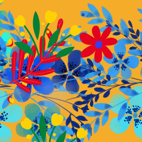 Graphic with yellow background with colorful flowers printed over them.