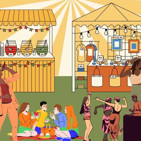 A colorful illustration of a festival with booths and people dancing.