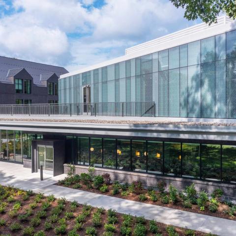 A bird's eye photo of the exterior of a modern building.