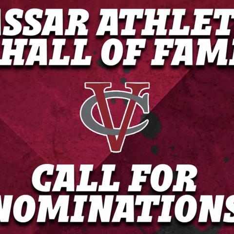 Text over a maroon background that reads: Vassar Athletics Hall of Fame. Call for nominations.