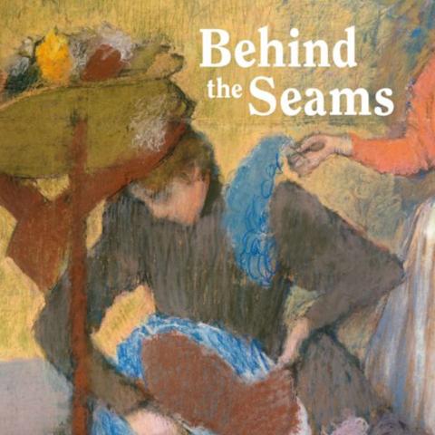 Book cover for "Behind the Seams" by Susan Hiner - artistic rendering of an old fashioned woman sewing clother