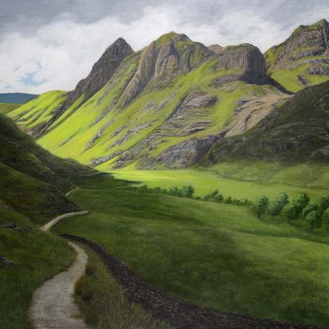 Painting of Langdale Valley, United Kingdom - a grass and tree covered valley and mountains with a small stone walled path on the left.  