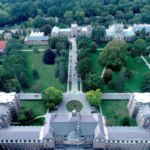 Vassar's rectangular central greensward, designed by J. C. Olmsted; an aerial drone shot taken over Main Building, looking west.