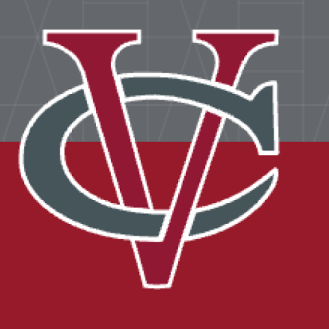 Grey and maroon logo with the overlapping and intertwined letters V and C.