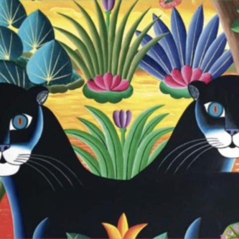 A colorful painting of two cats looking at the viewer, standing among flowers.