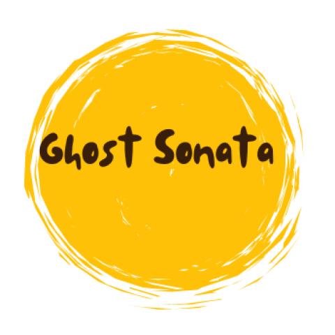 Graphic of a yellow circular shape representing a sun. The words, "Ghost Sonata" are overlayed in black lettering.