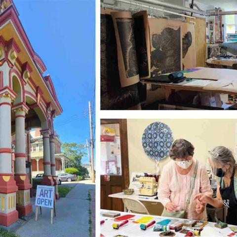 A grid of three photographs showing Poughkeepsie Open Studios. One photo shows the outside of a building, while the other two show the interior of some of the studios.