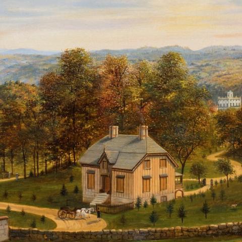 Select: Painting of landscape overlooking the Hudson River with buildings in foreground.