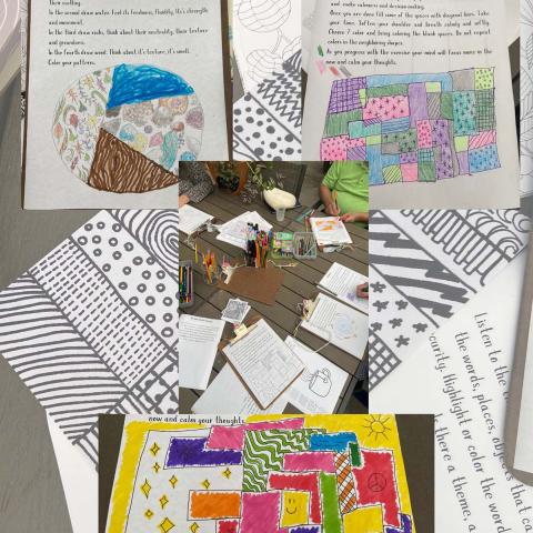 Collage of clipboards with pieces of paper with various "doodles" of lines, circles, colored squares and circles with patterns, and a table with various colored pens, pencils and markers. 