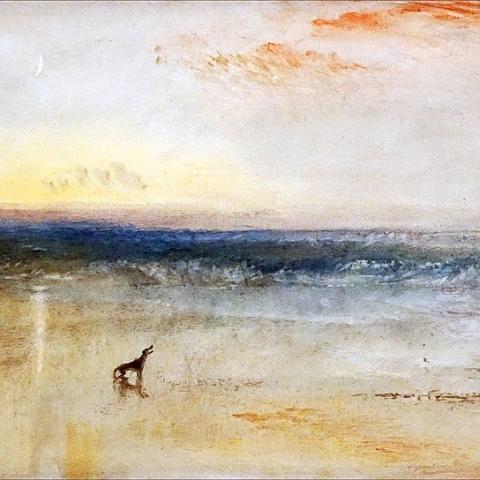 A painting of a scene of a beach, sea and sky with only one object being visible is a baying hound.