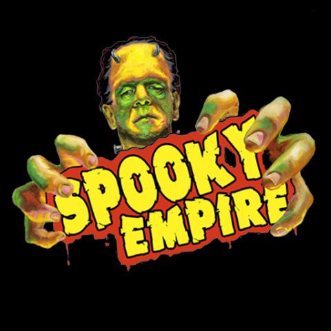 A logo that has a Frankenstein head with the hands holding the words "Spooky Empire".