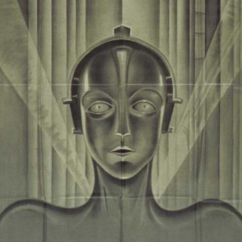 An image from the original Metropolis poster: a monochrome drawing of an android with architecture behind.