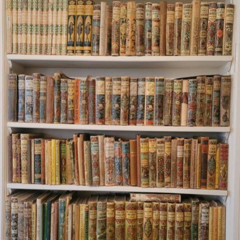 Four shelf white bookcase of Marcia McGhee Carter’s collection of Victorian Yellowbacks.