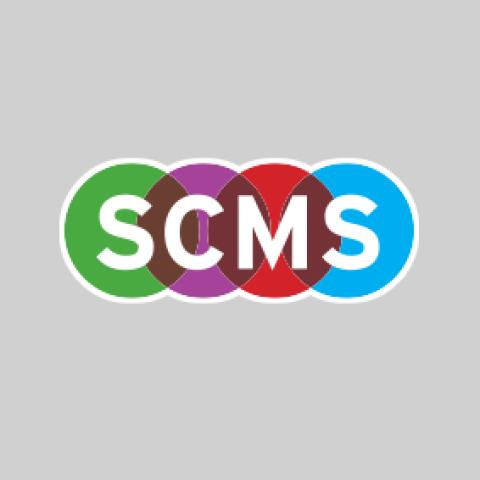 Graphic of four overlapping circles on a grey background with the acronym logo "SCMS" overlayed.