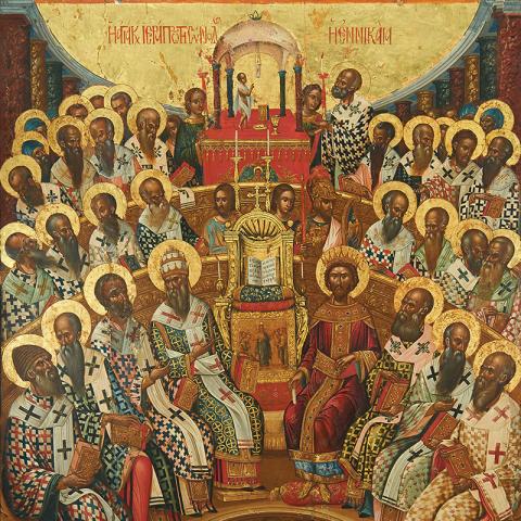  The image is a Byzantine icon that features the Emperor Constantine and several Christian bishops convened at the Council of Nicaea. 