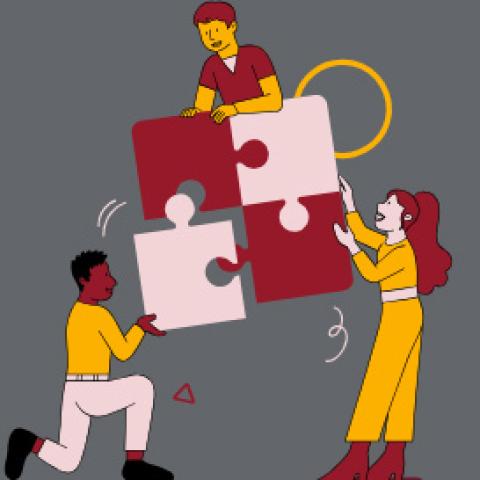 Graphic of three people putting together four puzzle pieces.