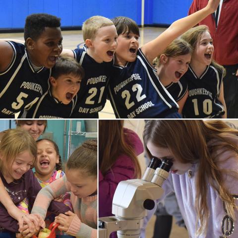 A collage of three pictures: sports team cheering arm-in-arm, children and teacher laughing over an activity, and a student viewing through a microscope.