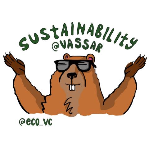 Illustration of a ground hog wearing sunglasses with text that reads: Sustainability @ Vassar @ECO_VC.